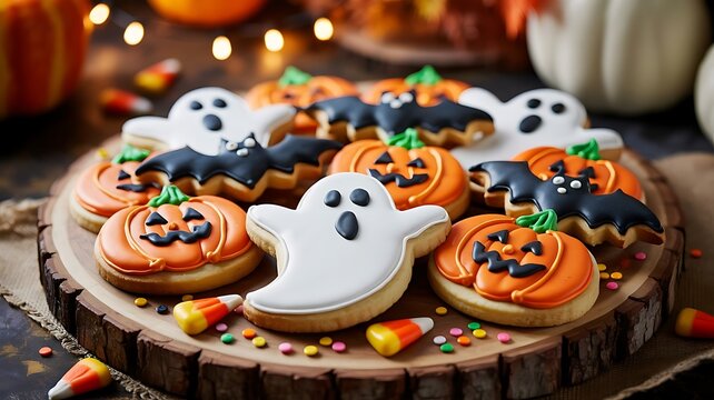 Festive halloween cookies adorable ghost pumpkin and bat shaped sugar cookies decorated with colorful icing and sprinkles perfect for holiday celebrations