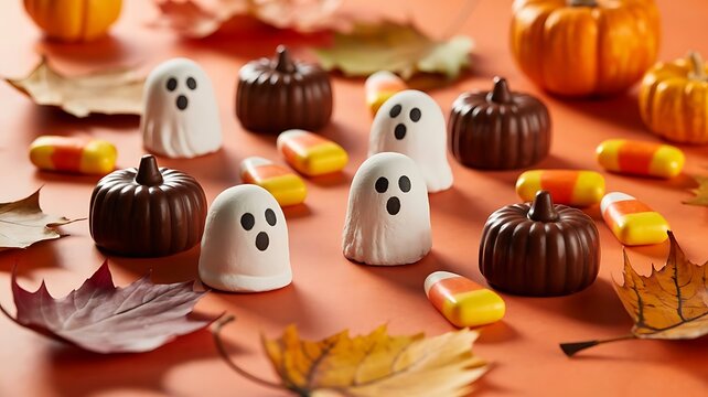 Adorable halloween treats white ghost chocolates and dark chocolate pumpkins surrounded by candy corn and autumn leaves