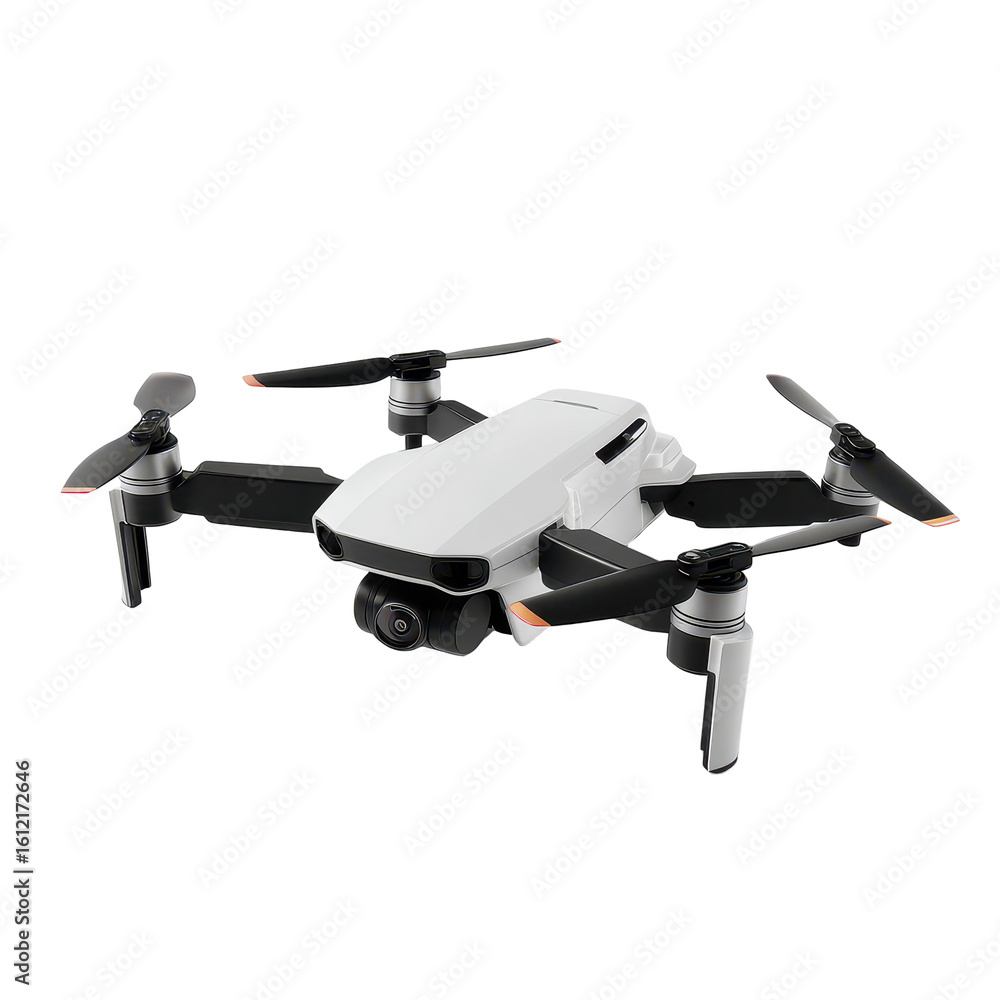 Poster flying drone equipped with a high-resolution camera capturing overhead views outdoors during daytime