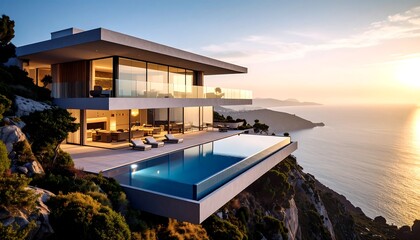 Modern luxury home perched cliffside overlooking a serene ocean vista at sunset.  Glass walls and a dramatic infinity pool
