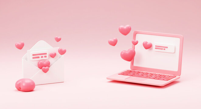 Digital Love Message and Online Romance: A 3D Render of an Email on a Laptop and a Love Letter with Hearts, Representing a Modern and Traditional Communication of Love - Powered by Adobe