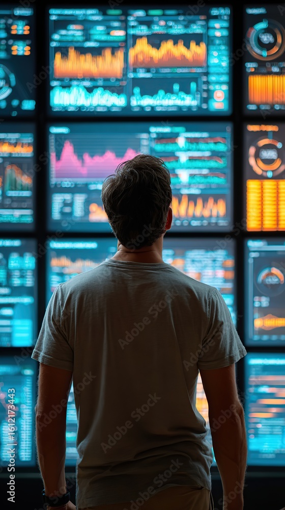Poster individual analyzing data insights in a futuristic digital workspace filled with graphs