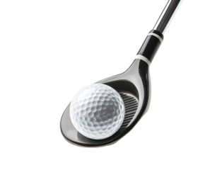 Photo of a white golf ball resting on the face of a golf club, ready for a powerful swing, isolated on transparent background