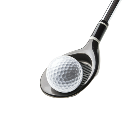 Photo of a white golf ball resting on the face of a golf club, ready for a powerful swing, isolated on transparent background