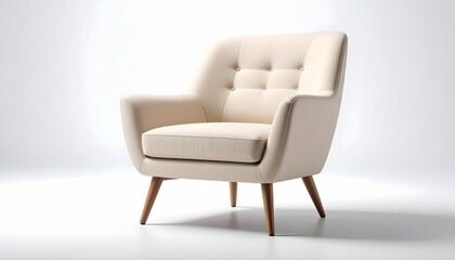 Beige armchair with wooden legs beside leafy potted plant, set against white minimalist backdrop.