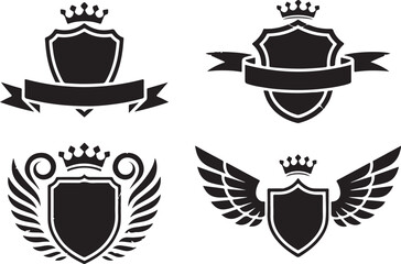 Shields crowns ribbons wings and laurel wreaths vector