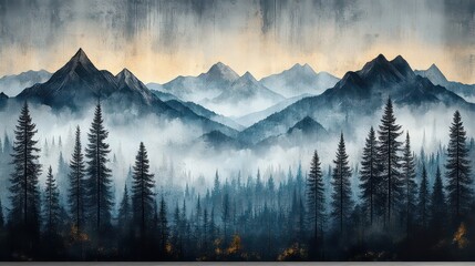 Oriental painting of misty eastern mountains and rivers, design for wallpaper, wall, print, mural