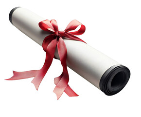 Photo of a rolled diploma or certificate tied with a red ribbon and bow, isolated on a transparent background