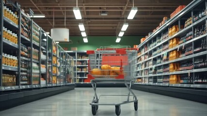 Trolley in supermarket aisle with shelves stocked with goods   - Powered by Adobe