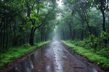 Fototapeta premium Serene forest road in a downpour, slick surface and muted green surroundings 