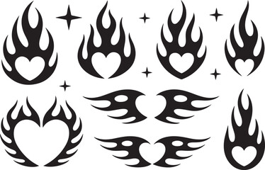 Fototapeta premium Black flame hearts and stars tribal designs vector