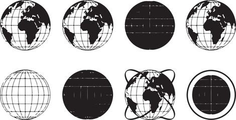 Black globes with continents and grid lines earth world
