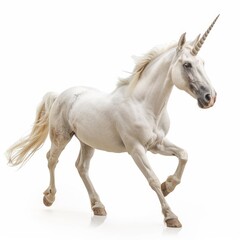 Fototapeta premium Beautiful white unicorn horse with long mane galloping on white background