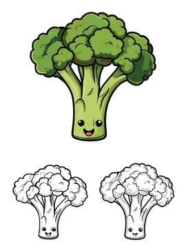 Cute Cartoon Broccoli Illustration with Smiling Face and Line Art Variations