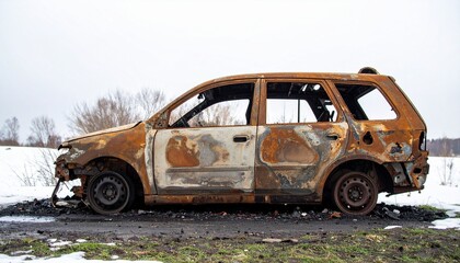 Abandoned hatchback overtaken by rust and decay, stripped of windows and air, its deflated tires anchored in silence&mdash;evoking ruin, nostalgia, and gritty realism in a post-urban aesthetic.