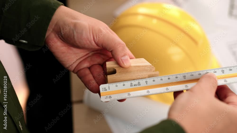 Poster video of engineer with yellow helmet on table use scale ruler to measure home shape wooden block des
