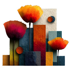 Digital abstract art of futuristic floral architecture built with colorful rectangular blocks and organic blooming forms emerging in a vibrant city scene on a transparent background