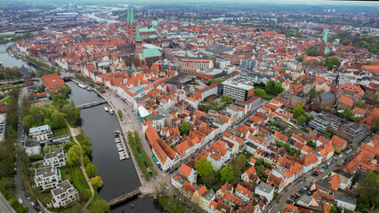 Aerial view around the city Lübeck in Germany on a sunny day in summer