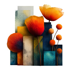 Digital abstract art of futuristic floral architecture built with colorful rectangular blocks and organic blooming forms emerging in a vibrant city scene on a transparent background