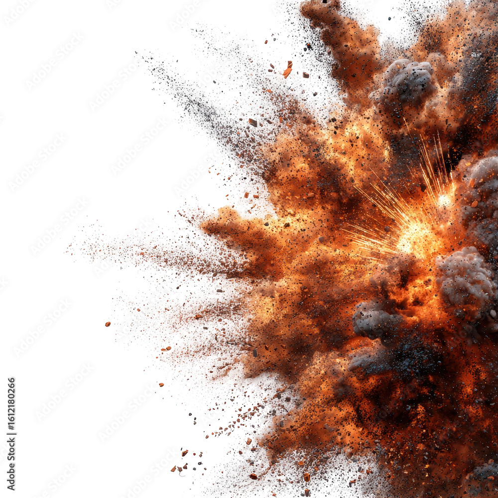 Poster explosion with vibrant fire and debris creating a dramatic visual impact in a sterile background