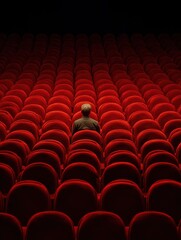 Fototapeta premium The view from the back of one lonely person sitting on the red seat of a theater