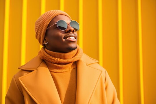 Portrait of a fashionable black man wearing yellow clothes and accessories, smiling and looking up against a yellow background