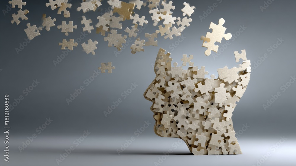 Poster puzzle pieces create a human head with one piece missing and floating above, representing thoughts a