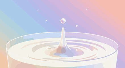 Milk drop splash in glass with soft gradient background, copy space