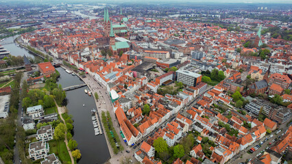 Aerial view around the city Lübeck in Germany on a sunny day in summer