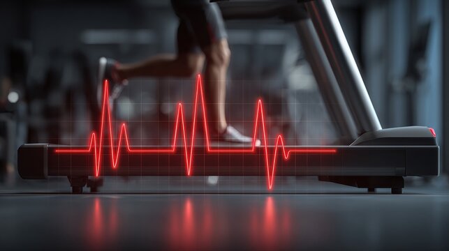 Treadmill workout with heart rate overlay. Fitness and health tracking visual. Focused on performance and well-being during exercise.