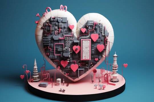 Large mechanical heart, adorned with pink hearts and intricate circuitry, stands in a futuristic cityscape, symbolizing the fusion of love and technology