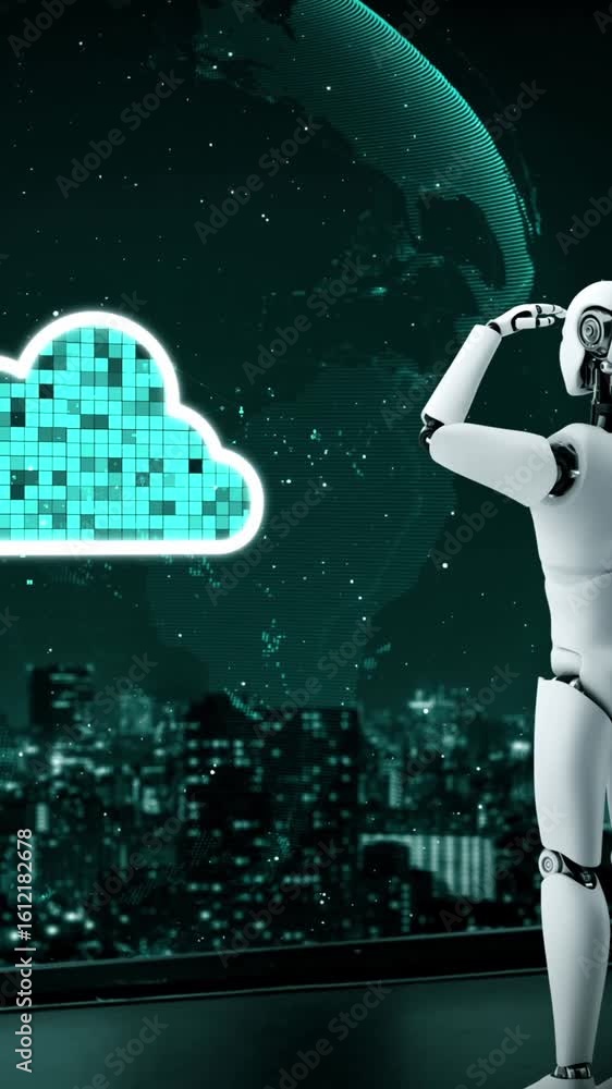 Poster ai robot huminoid uses cloud computing technology to store data on online server . futuristic concep