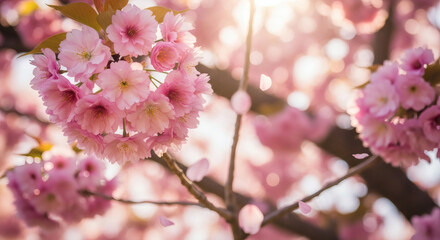 Close-up of a blooming cherry blossom tree with delicate pink flowers and petals, bathed in soft sunlight, creating a dreamy and romantic atmosphere.