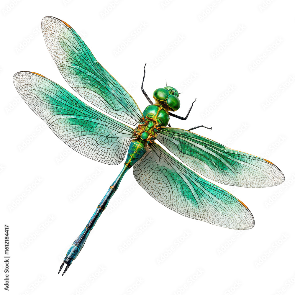 Poster vivid green dragonfly with intricate wings resting elegantly on a white background in a studio setti