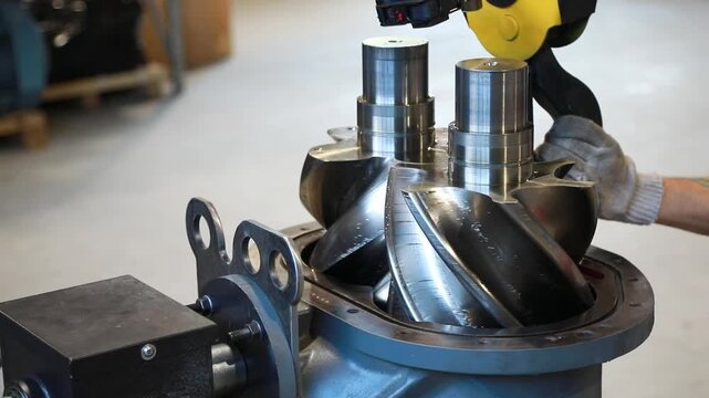 Technician assembling rotor of industrial screw compressor