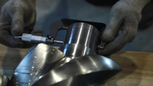 Technician measuring metal part with micrometer