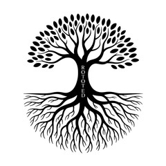Abstract Tree of Life Silhouette with Roots and Branches Symbolizing Growth and Strength Black and White Design