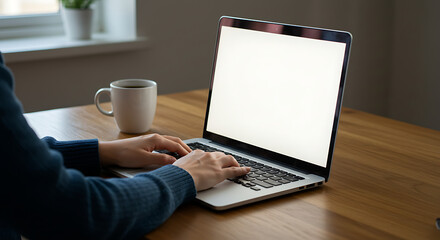 Fototapeta premium Focused Work From Home Person Typing on Laptop with Coffee