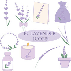 A set of 10 flat lavender icons including flowers, wreaths, sachet, pot and candle. Minimal botanical clipart in soft style. EPS vector file.