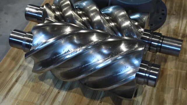 Shiny new screw compressor rotor rotating on wooden plank