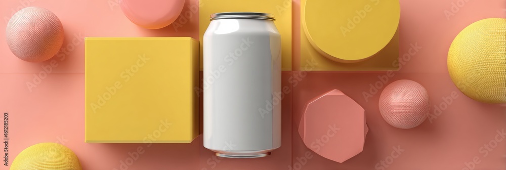 Poster minimalist 3d rendering of a geometric beer can surrounded by colorful shapes on a pastel surface