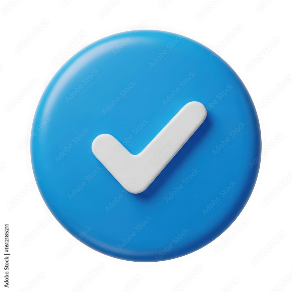 Poster realistic 3d rendered blue circular button with a white checkmark symbol isolated on transparent bac
