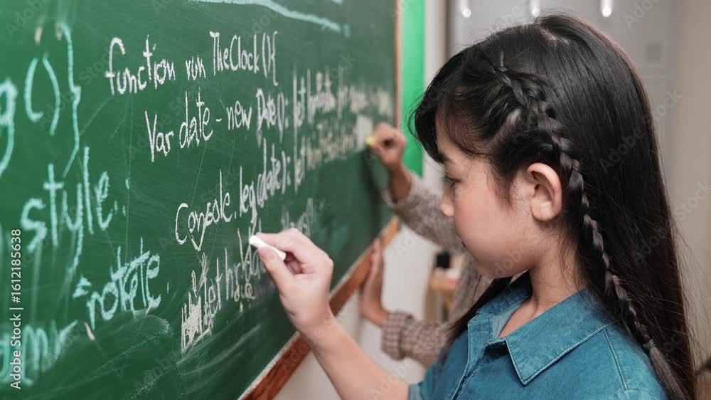 Poster skilled asian girl writing engineering prompt and programing system while standing blackboard with g