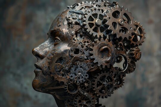 Intricate metal gears form the head of a sculpture, representing the complex mechanisms of artificial intelligence