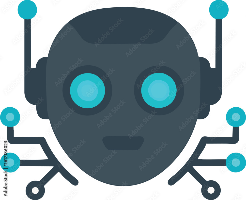 Poster flat vector robot head with glowing eyes and circuits, futuristic ai design, isolated on white