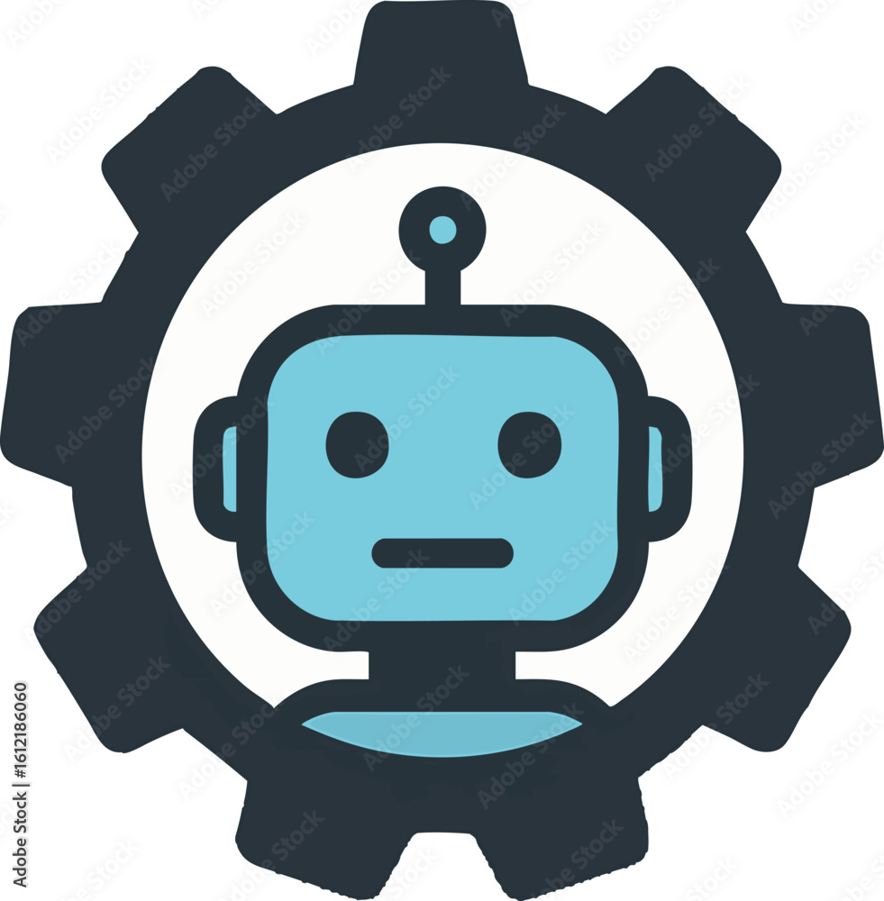 Poster flat vector robot head inside a gear symbol, automation and optimization theme, isolated on white