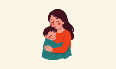 Mother Hugging Child – Warm and Loving Flat Vector Illustration