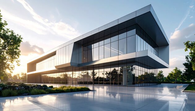 Modern office building at dawn.  Large, contemporary structure with glass and metal facades, set in a landscaped courtyard.  Sunrise/sunset light illuminates the scene