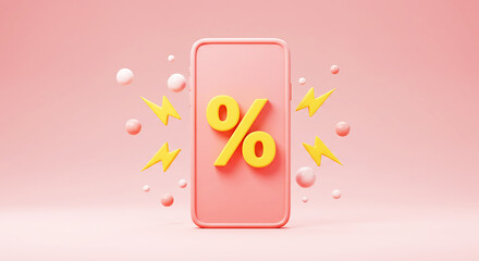  Hot Mobile Deal: 3D Render Illustration of a Smartphone with Yellow Percentage and Lightning Bolts. Ideal for E-commerce & Flash Sales