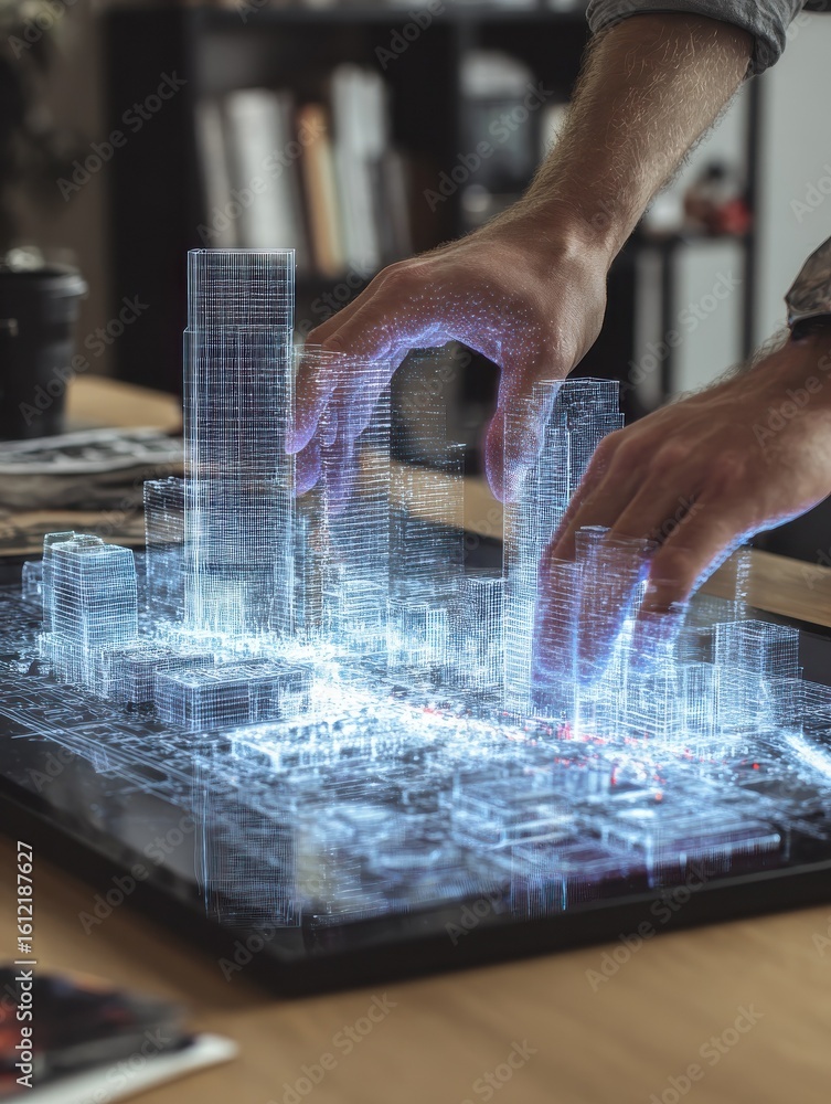 Poster architecture simulator innovation hologram project on table, generate with ai